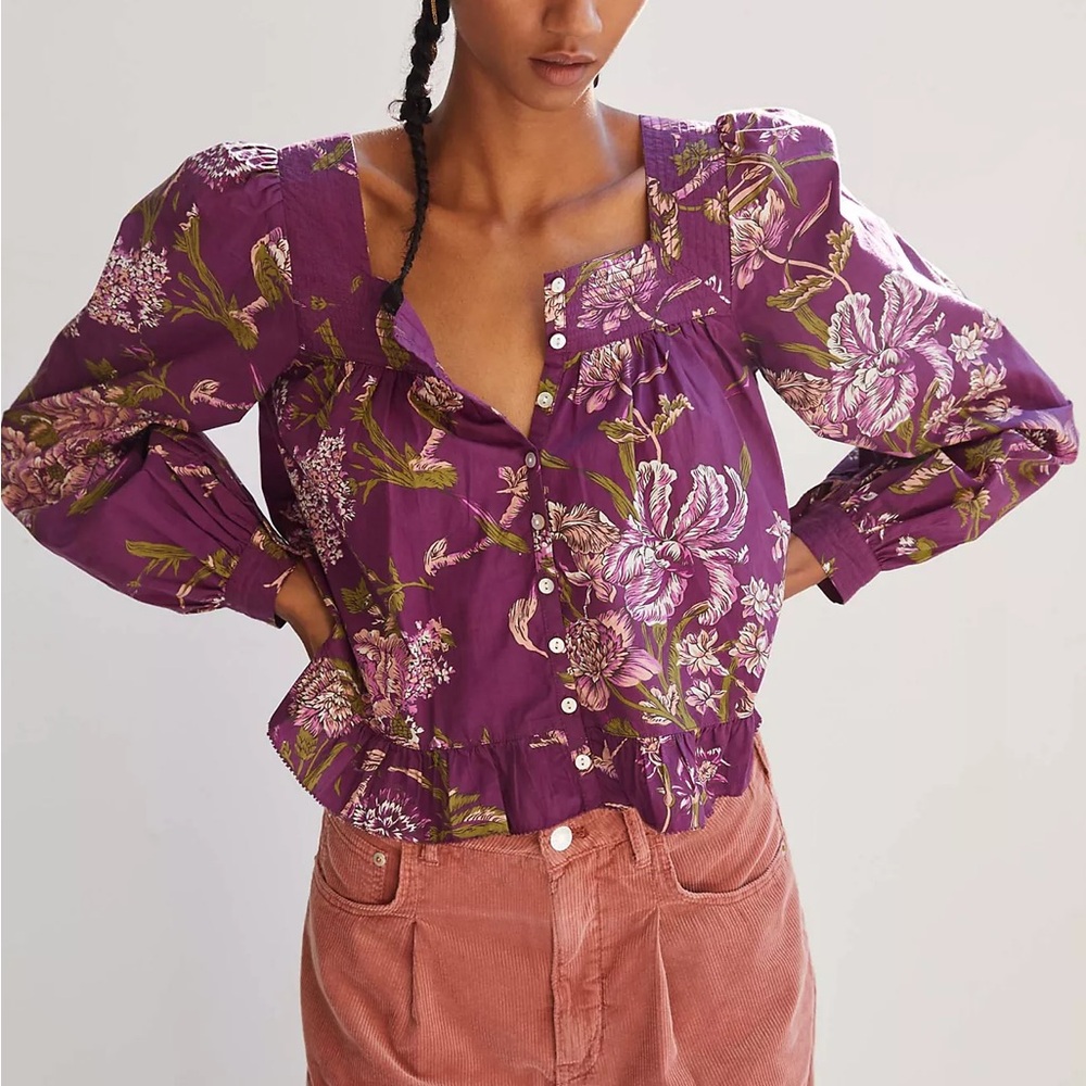 Anthropologie Love the Label Purple Floral Puff Sleeve Blouse NEW